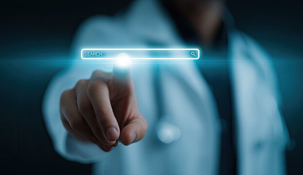 A person in a lab coat touches a glowing search bar, suggesting online information gathering