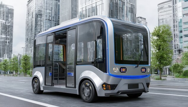 Futuristic autonomous shuttle bus navigates a modern city street with tall buildings