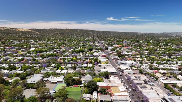Adelaide, South Australia: 4K Aerial Drone Footage of Southern Suburbs, Residential Houses, Tree-Lined Streets, Jacaranda Bloom and Urban Landscape in Unley, Parkside, Malvern 