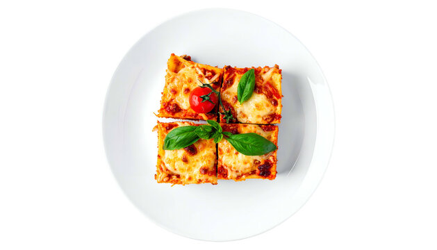 Overhead shot of a white plate holding four squares of lasagna topped with tomato and basil