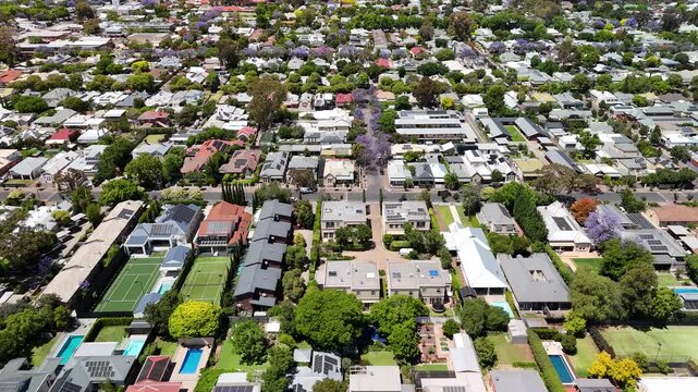 Adelaide, South Australia: 4K Aerial Drone Footage of Southern Suburbs, Residential Houses, Tree-Lined Streets, Jacaranda Bloom and Urban Landscape in Unley, Parkside, Malvern 