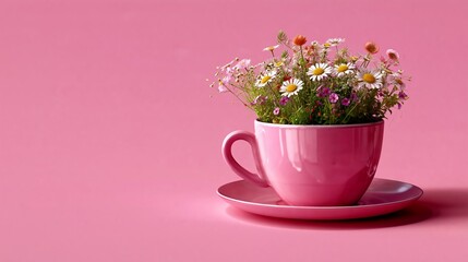 Obraz premium Pink ceramic cup filled with assorted wildflowers on a matching saucer against a solid pink background, showcasing vibrant colors and delicate floral details