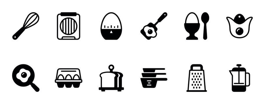 Black and white glyph icon set for breakfast and cooking, including a whisk, egg timer, frying pan, grater, and french press in a clean minimalist pictogram style