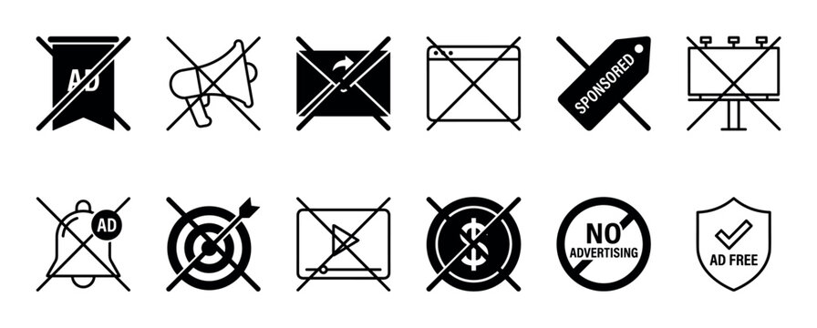 Set of black ad-free icons representing concepts like no advertising, ad blocking, and anti-spam for a clean user experience, presented in a minimalist line art vector style