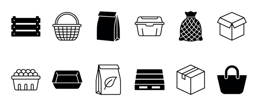 Set of black packaging icons showing various containers for shipping and retail, including a crate, basket, box, bag, and pallet, in a minimalist glyph and line art style