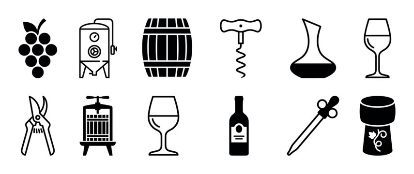 Set of black winemaking icons representing the entire production process from grape to glass, including a barrel, press, bottle, and corkscrew in a minimalist glyph style
