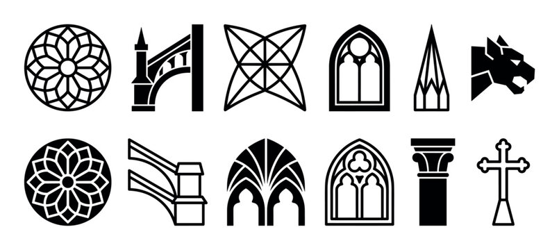 Set of twelve black gothic architecture icons featuring rose windows, pointed arches, a cross, and a gargoyle in a minimalist vector style