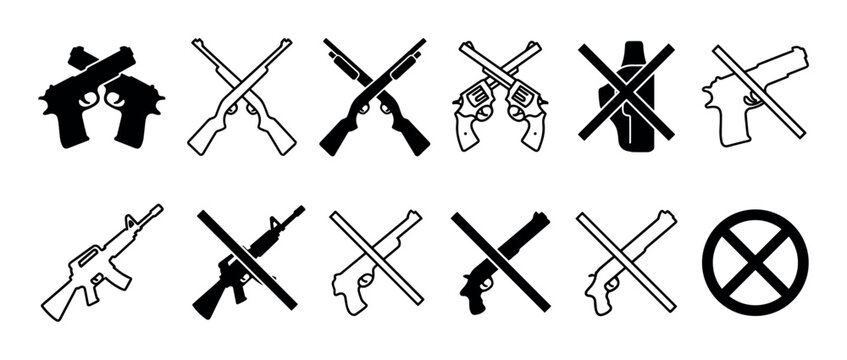 Large set of black weapon restriction icons featuring various crossed-out firearms like handguns, rifles, and shotguns in a simple, bold vector illustration style