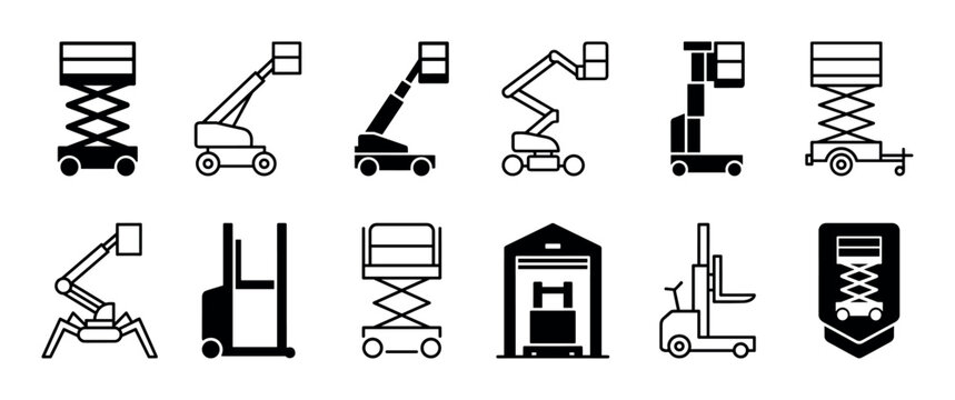 Set of black industrial lift icons featuring various types of machinery like scissor lifts, boom lifts, and forklifts, rendered in a simple, solid glyph style for infographics