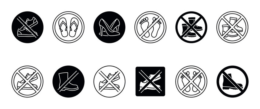 Collection of black and white footwear prohibition icons showing various types of shoes like sneakers, boots, and heels in a simple graphic pictogram set