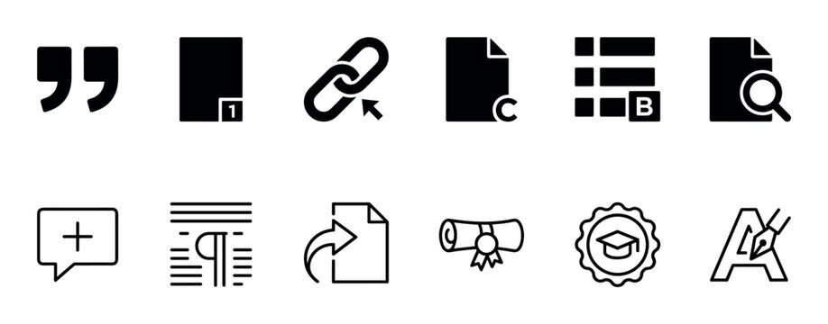 Collection of black text editor and document management icons in a simple glyph style, featuring symbols for quotes, hyperlinks, search, comments, diplomas, and typography for web design