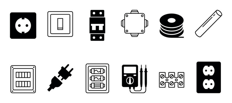 Collection of black electrical equipment icons and symbols showing a socket, switch, circuit breaker, fuse box, plug, and multimeter for electrician work
