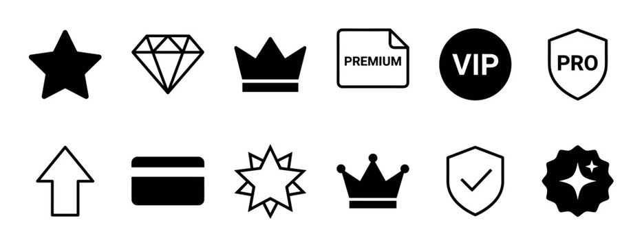 Collection of black premium membership icons including a star, diamond, crown, VIP badge, and pro shield representing quality, exclusivity, and reward status in a simple graphic style