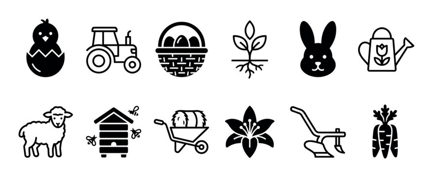 Set of twelve minimalist agricultural icons including a tractor, hatching chick, rabbit, lamb, beehive, and basket of eggs representing farming and the spring season