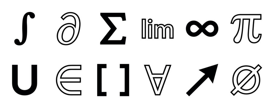 Set of black mathematical and scientific symbols for calculus, algebra, and set theory presented as a clean graphic icon collection for educational or design purposes