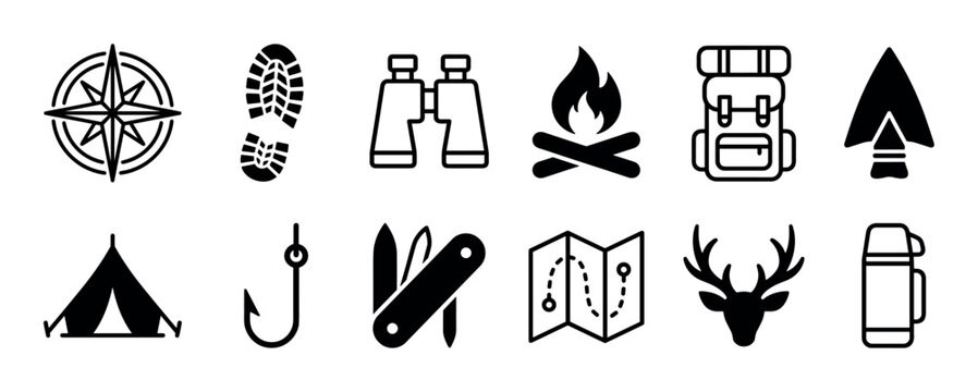 Set of black outline icons for camping, hiking, and outdoor adventure, featuring a compass, boot print, binoculars, campfire, backpack, tent, map, and other essential travel gear
