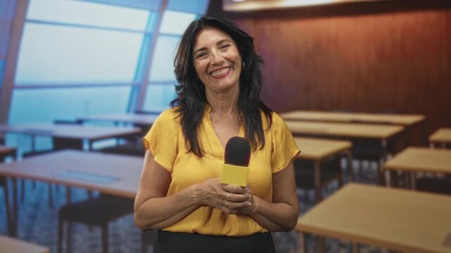 Woman reporter holding microphone, smiling with hands clasped in a building with rows of desks; confidence connection.