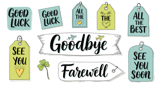 Collection of farewell and goodbye message tags and banners with luck symbols