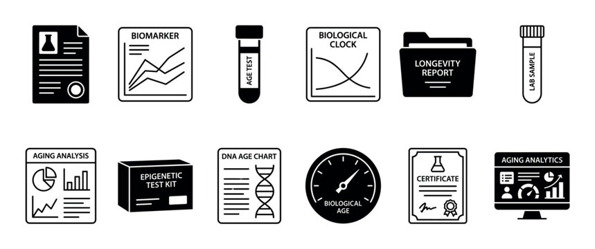 Biological age and longevity icon set showing diagnostic tools like epigenetic tests, DNA charts, biomarker analysis, and lab samples for health analytics and scientific reports