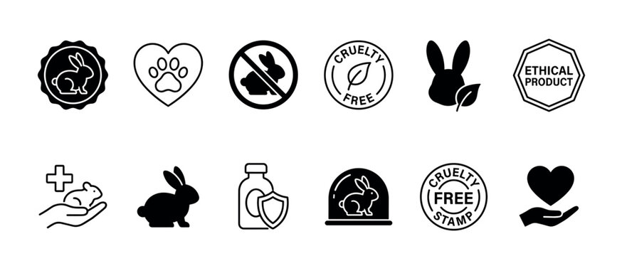 Collection of black cruelty-free icons representing ethical products, no animal testing, vegan labels, and natural cosmetics in a minimalist flat vector design style for packaging