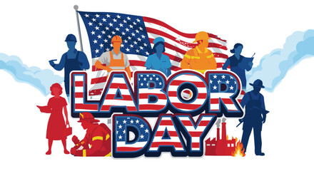 Obraz premium American labor day celebration with diverse workers and usa flag background