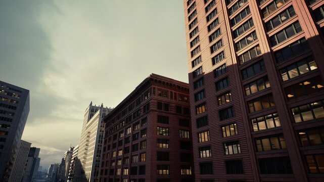 street canyon with towering facades at dusk, warm light slicing across brick and glass, long shadows and strong vertical perspective, detailed cornices