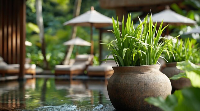 Potted green plants in a decorative clay pot beside a tranquil pool area with sun loungers and umbrellas in a lush tropical garden setting