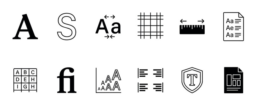 Twelve minimalist black glyph icons for typography, featuring symbols for font size, alignment, grid, kerning, ligature, and document layout design