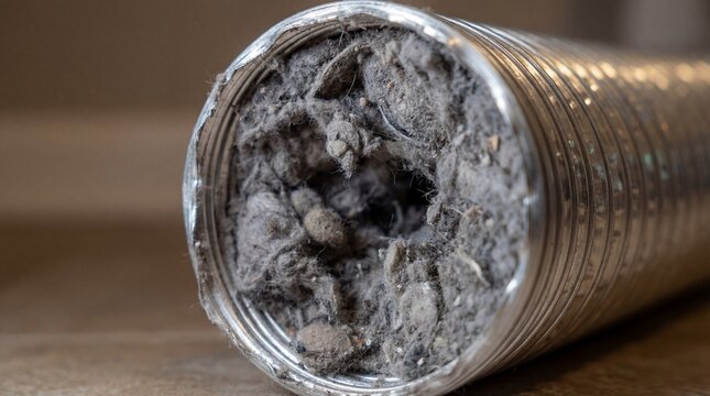 A close-up view of a dirty and clogged dryer vent pipe filled with lint and debris.