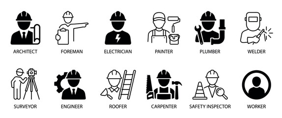 Set of black construction profession icons representing various building trades in a minimalist glyph and line art style, including an architect, plumber, welder, and carpenter © Happy Carrot