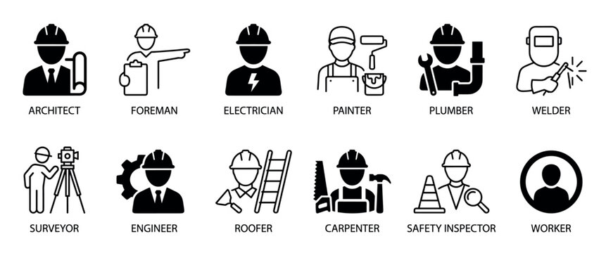 Set of black construction profession icons representing various building trades in a minimalist glyph and line art style, including an architect, plumber, welder, and carpenter