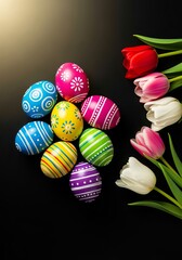 Fototapeta premium Vibrant Spring Celebration with Artistic Easter Eggs and Fresh Blooming Tulip Flowers Arrangement