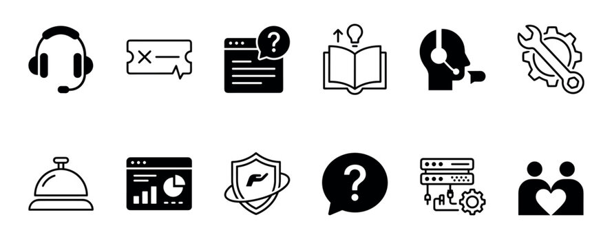 Set of black glyph icons representing customer service, technical support, and user interface elements for web and app design, including headset, settings, and help symbols