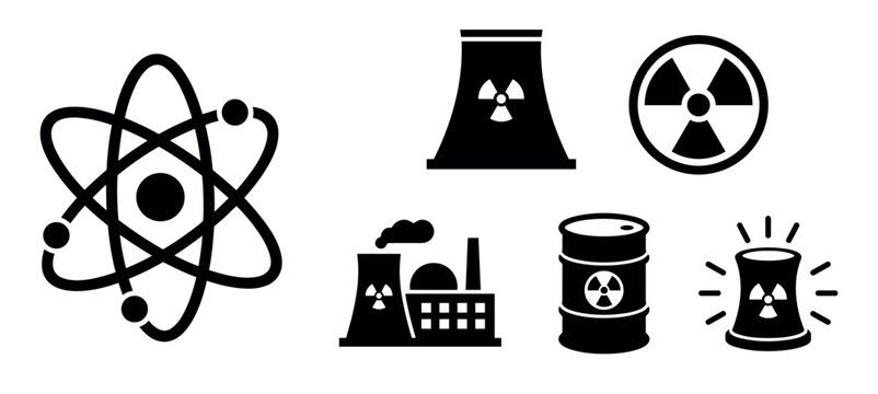 Set of black nuclear energy icons showing an atom, power plant, radiation symbol, toxic waste barrel, and reactor in a simple graphic silhouette style for science and industry concepts