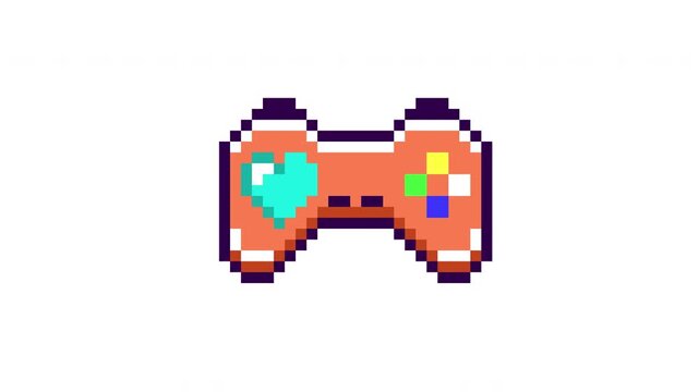 Cyberpunk gamepad with heart-shaped action button, neon pixel art loop