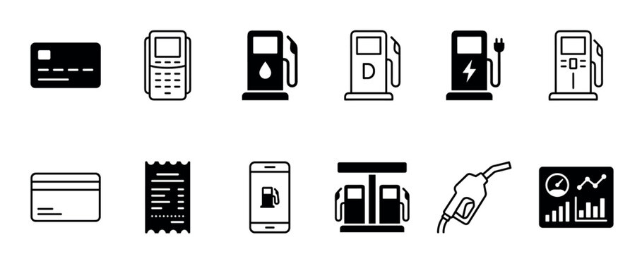 Set of black gas station icons representing fuel, payment, and transportation, including a pump, nozzle, credit card, and electric vehicle charging station symbols in a clean glyph style