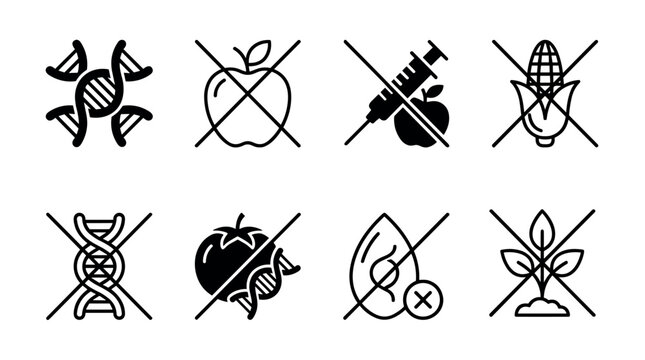 Collection of black non-GMO and organic food icons in a minimalist vector style showing concepts of natural products without pesticides or hormones for packaging labels