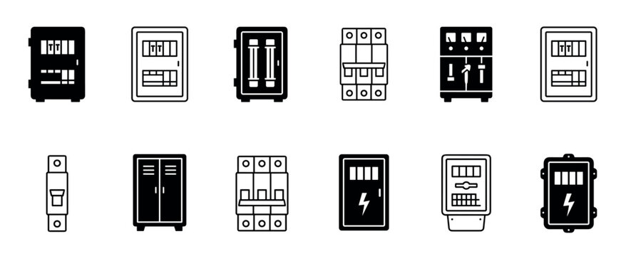 Electrical panel and circuit breaker icon set showing various fuse boxes, switchboards, and meters in a minimalist black and white glyph and line art style for technical design