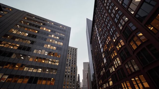 lowangle city skyscrapers at dusk, narrow canyon of glass and brick with warm office lights, rainsheened steel and reflective windows, moody perspective