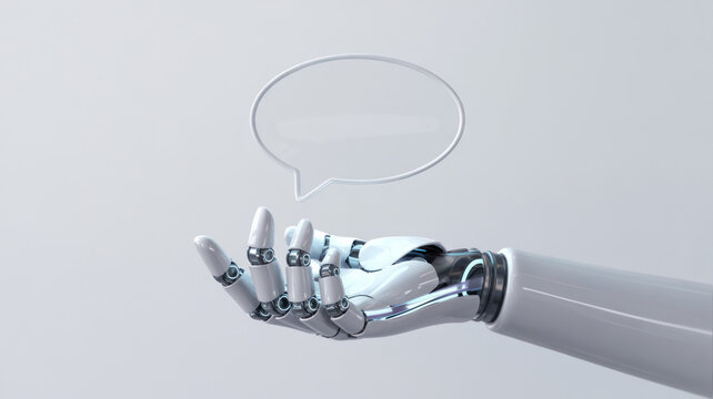 A robotic hand with a speech bubble floats in a light gray background, symbolizing artificial intelligence and communication.