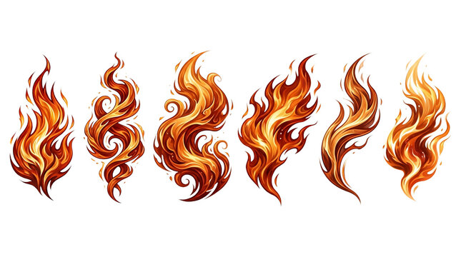 Stylized fire flame collection, set of 6 burning orange fire elements, decorative heat and bonfire icons isolated on white background