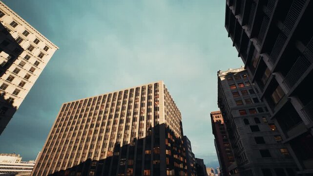 Low angle city skyscraper under bright sunlight with glass facade reflecting blue sky, crisp geometric grid, modern corporate district vibe, strong contrast