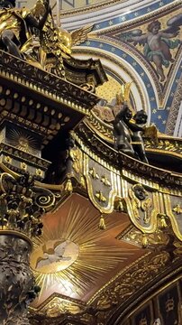 shows Berninis Baldacchino at St Peters Basilica a monumental bronze canopy with four Solomonic columns surrounding the papal altar where pilgrims queue to pray and admire.