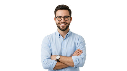 Obraz premium Confident young businessman with glasses and beard, smiling professional man in light blue shirt, successful entrepreneur with crossed arms on white background