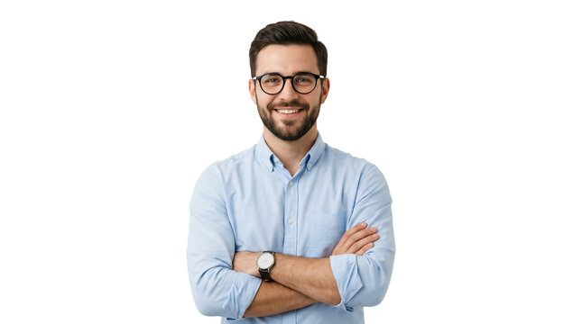 Confident young businessman with glasses and beard, smiling professional man in light blue shirt, successful entrepreneur with crossed arms on white background