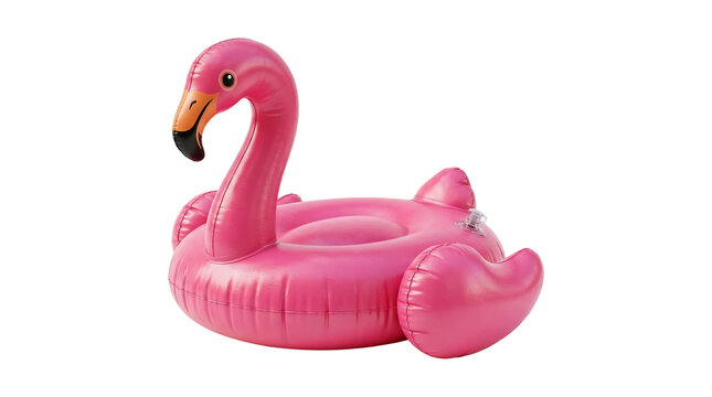 Pink flamingo pool float isolated on white background, inflatable bird swim ring for summer vacation, tropical water toy for swimming pool parties