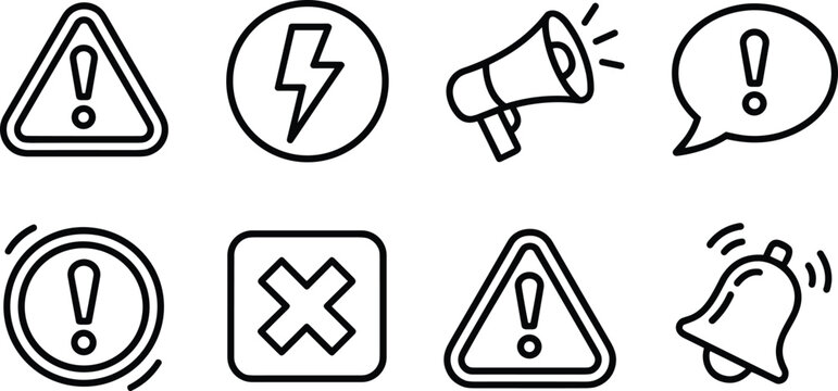 Collection of eight black and white warning and notification icons on a white background