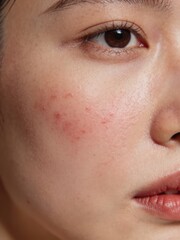 Fototapeta premium Closeup of acne and redness on Asian woman cheek, inflamed skin texture dermatology