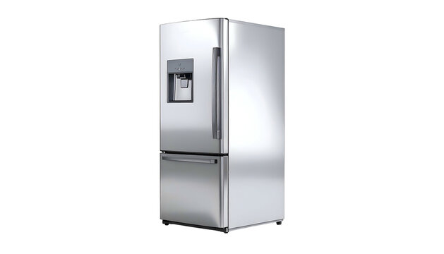 Rendered image of a modern, stainless steel refrigerator with bottom freezer and water dispenser