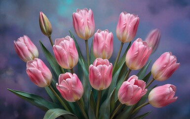 Obraz premium Pink tulips bloom gracefully against a dreamy purple and blue sky.